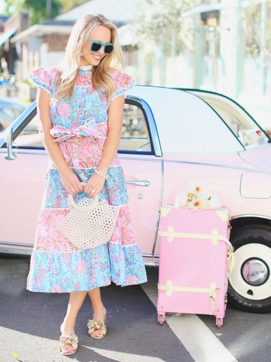 Darlington Isle Dresses & Skirts - Floral Tiered Midi Dress in Pink & Blue